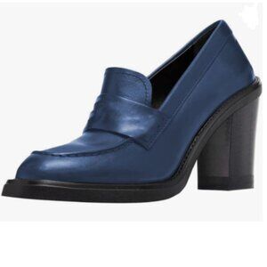 YDN Blue Chunky High Heels Round Toe Oxford Loafer Shoe Slip On Office Work Pump